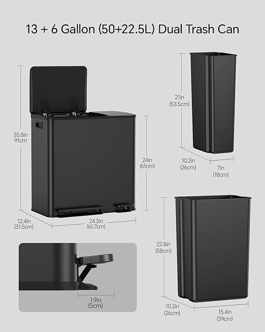 Lovewind Dual Trash and Recycling Bins for Kitchen, 13+6 Gallon Stainless Steel Garbage and Recycle Bin Combo for Large Families, Dual Trash Can with Soft Close Lid & Magnetic Stickers, Black - Image 2