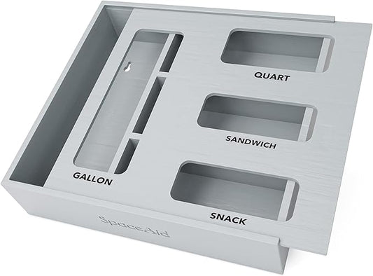 SpaceAid Bag Storage Organizer for Kitchen Drawer, Bamboo Organizer, Compatible with Gallon, Quart, Sandwich and Snack Variety Size Bag (1 Box 4 Slots), Gray by SpaceAid