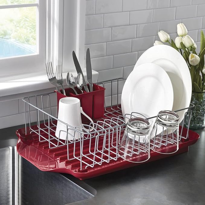 Farberware Classic Large Rust Resistant Full Dishrack with Removable 3 Compartment Flatware Caddy, Andlged Drain Board, 3-Piece, Red - Image 7
