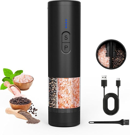 Electric Salt and Pepper Grinder Set, 2 in 1 Dual Bins USB Rechargeable Refillable Automatic Salt and Pepper Mill Shaker with LED Light, Dual Ceramic Grinder Adjustable Coarseness, kitchen gift, Black by AMOSA