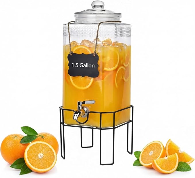 1.5 Gallon Glass Drink Dispenser, Drink Dispensers for Parties, Beverage Dispenser with Stand and Glass Lid, 100% Leakproof Spigot, Ideal for Lemonade, Juice, Iced Tea, Laundry Detergent by Edycur