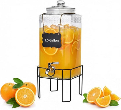 1.5 Gallon Glass Drink Dispenser, Drink Dispensers for Parties, Beverage Dispenser with Stand and Glass Lid, 100% Leakproof Spigot, Ideal for Lemonade, Juice, Iced Tea, Laundry Detergent by Edycur