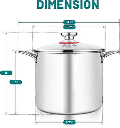 TeamFar 10 Quart Stock Pot, Stainless Steel Tri-ply Large Stockpot Pasta Soup Cooking Pot with Glass Lid, for Induction Gas Ceramic Electric, Nontoxic & Heavy Duty, Ergonomic Handles & Dishwasher Safe