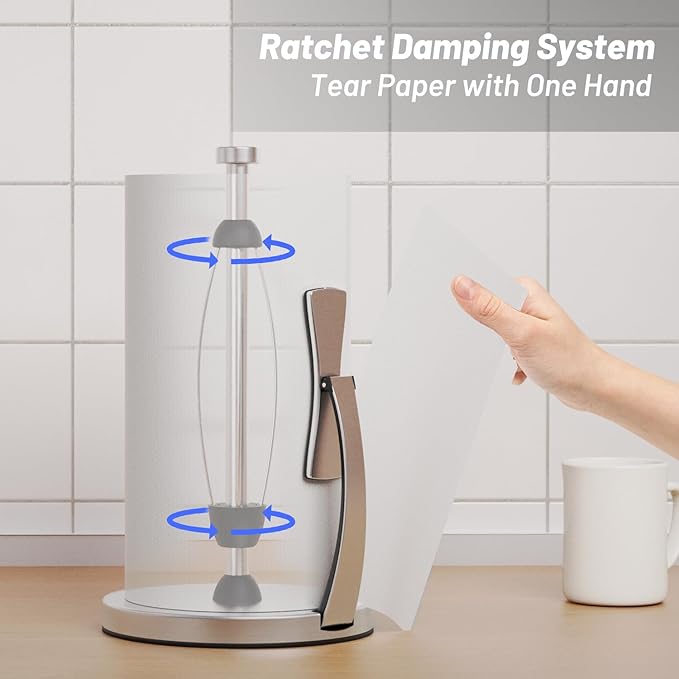 VEHHE Paper Towel Holder Countertop, One-Handed Tear, Stainless Steel, Stand Paper Towel Holder with Spring Activated Arm & Non Slip Weighted Base, for Kitchen Bathroom (Silver) - Image 2