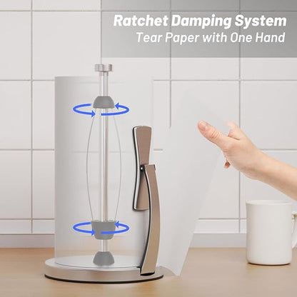 VEHHE Paper Towel Holder Countertop, One-Handed Tear, Stainless Steel, Stand Paper Towel Holder with Spring Activated Arm & Non Slip Weighted Base, for Kitchen Bathroom (Silver) - Image 2