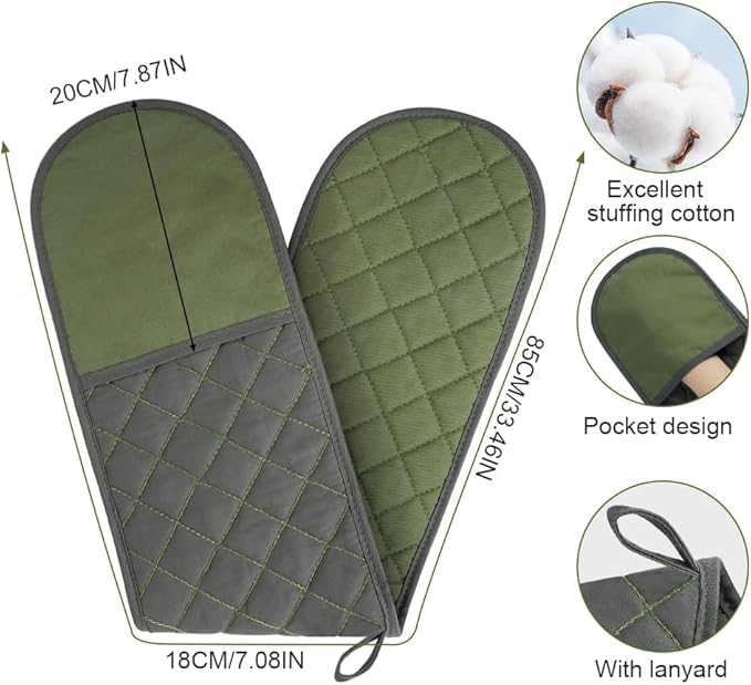 AUAUY Green Double Oven Mitts, 250°C/482°F Heat Resistant BBQ Mittens with Ropes, Silicone Non-Slip Design Kitchen Mittens, Cooking Glove Kitchen Accessories for Cooking Baking Grilling - Image 2