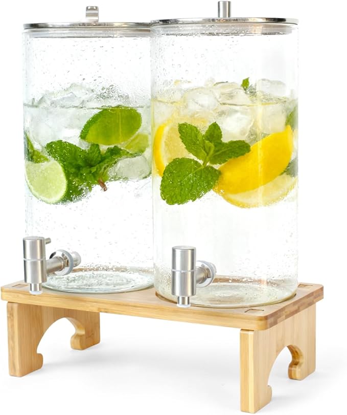 2 Pack 1.5 Gallon Drink dispenser with Stand，Glass Beverage Dispenser With Wood Stand, 18/8 Stainless Steel Spigot and Labels Large Water Drink Dispensers for Parties, Lemonade,Juice, Tea by Unknown