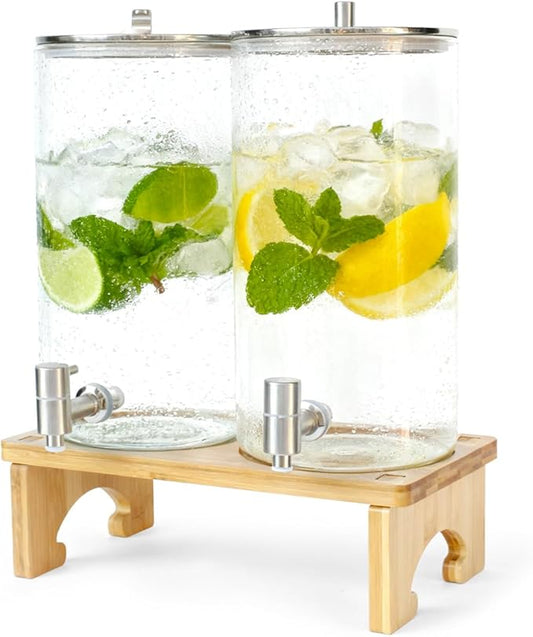 2 Pack 1.5 Gallon Drink dispenser with Stand，Glass Beverage Dispenser With Wood Stand, 18/8 Stainless Steel Spigot and Labels Large Water Drink Dispensers for Parties, Lemonade,Juice, Tea by Unknown