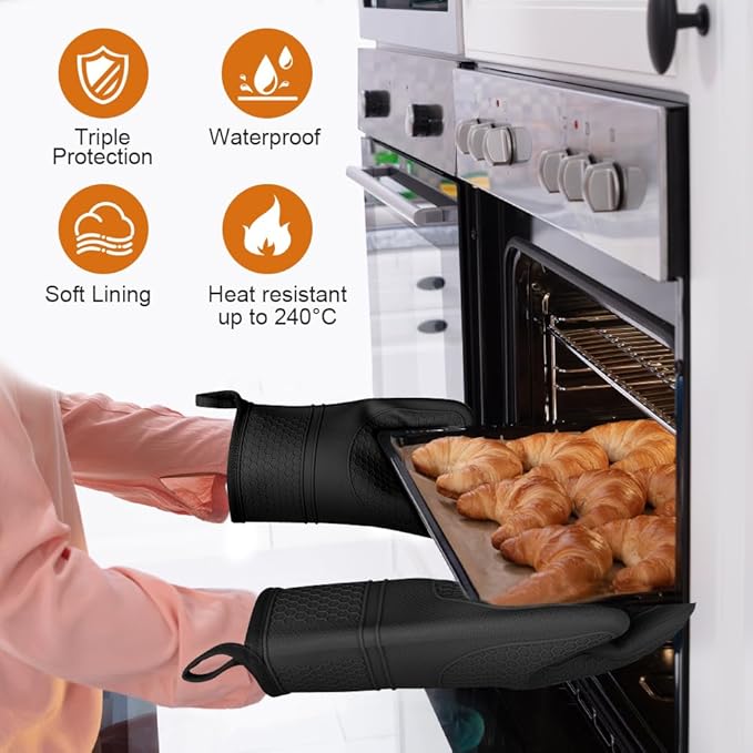 AUAUY Oven Mitts with 2 Potholders, Silicone Oven Gloves Heat Resistant 464°F, Non-Slip Silicone BBQ Gloves, Waterproof Cooking Gloves, Oven Gloves for Barbecue Kitchen Baking Microwave, Black - Image 4
