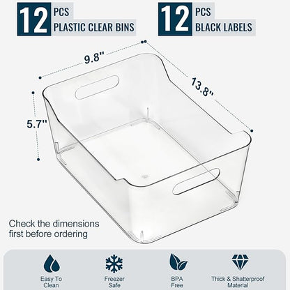 12 PACK Multi-Use Clear Plastic Storage Bins for Organizing w/ Labels - Home, Kitchen, Pantry, Bathroom, Office, Cabinet Shelf Organizer Bins - SOHO Collection, RV, Fridge Organization Containers -XXL - Image 3