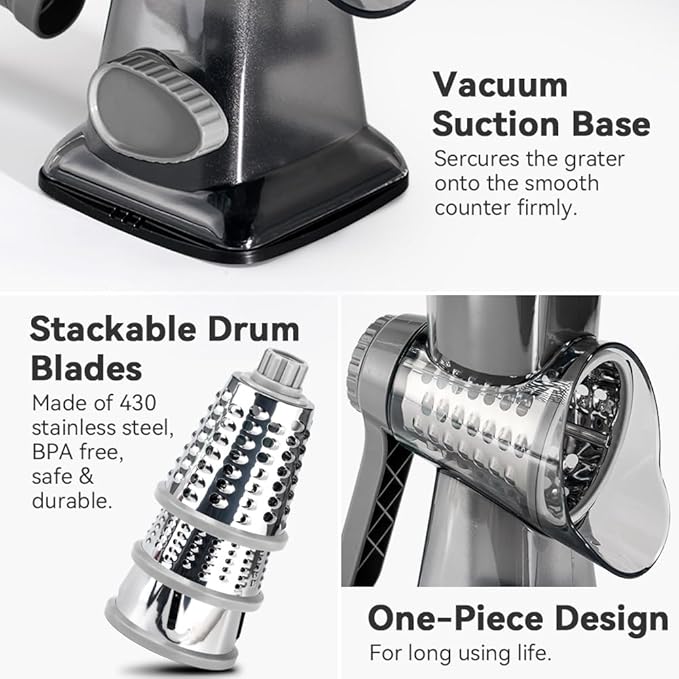 Cheese Grater Hand Crank Rotary Vegetables Shredder with Handle, 3-in-1 Graters with Interchangeable Blades and Non-slip Base Multifunctional Slicer for Kitchen - Image 6