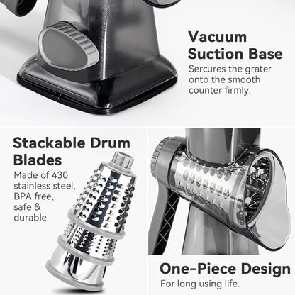 Cheese Grater Hand Crank Rotary Vegetables Shredder with Handle, 3-in-1 Graters with Interchangeable Blades and Non-slip Base Multifunctional Slicer for Kitchen - Image 6