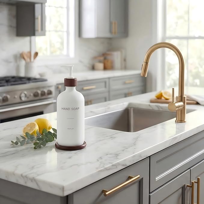 Glass Soap Dispenser, Refillable Hand Soap Dispenser with Tray, Suitable for Bathroom Soap Dispenser, Soap Dispenser for Kitchen Sink, Modern Home Decor. (White)