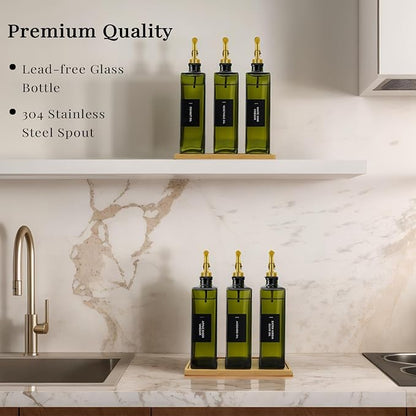 Olive Oil Dispenser Bottle for Kitchen with Bamboo Tray- Glass Oil and Vinegar Dispenser Set 16.9oz, Soy Sauce & Syrup Bottle, Modern Hostess Gift (Green, 16.9oz, Set of 3) - Image 4