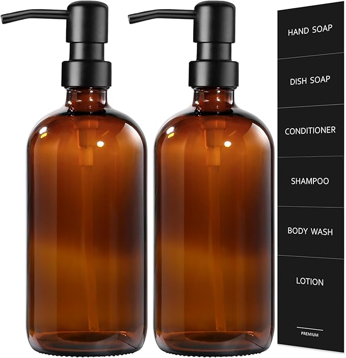 GMISUN Amber Glass Soap Dispenser, 2 Pack Bathroom Hand Soap Dispensers with Stainless Steel Pump, 17 Fl Oz Kitchen Hand and Dish Soap Dispenser Set, Modern Vintage Liquid Brown Soap Dispensers Bottle by GMISUN