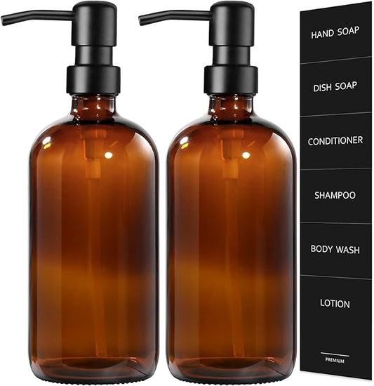 GMISUN Amber Glass Soap Dispenser, 2 Pack Bathroom Hand Soap Dispensers with Stainless Steel Pump, 17 Fl Oz Kitchen Hand and Dish Soap Dispenser Set, Modern Vintage Liquid Brown Soap Dispensers Bottle by GMISUN