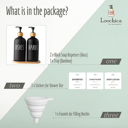 LOOCHICA 2 Pack Black Glass Soap Dispenser Set with Tray, Hand and Dish Glass Soap Dispensers for Kitchen Sink, Matte Black Soap Dispenser Suitable for Kitchen Sink, Rustic Kitchen Décor - Image 2