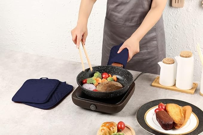 Oven Pot Holder with Pocket Cotton Heat Resistant Coaster Potholder Kitchen Hot Pad Oven Mitts for Cooking Square 7"x9"Set of 5 (Navy Blue) - Image 5