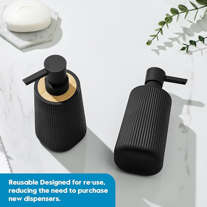 Small Soap Dispenser for Bathroom and Kitchen, Modern Farmhouse Striped Style Plastic Hand Soap Dish Soap Dispenser with Bamboo Decor Black - Image 6