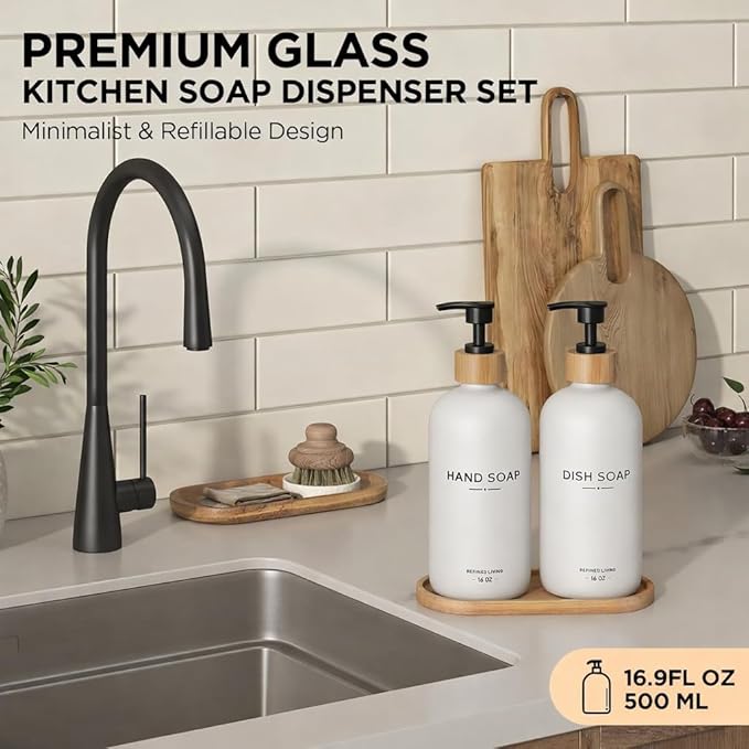 Hand and Dish Soap Dispenser Set,16oz Glass Bottles with Printed Labels, Bamboo Tray & Pump,Countertop Soap Dispensers for Kitchen,Luxury, Minimalist & Farmhouse Decor (Hand Dish (White)) - Image 2