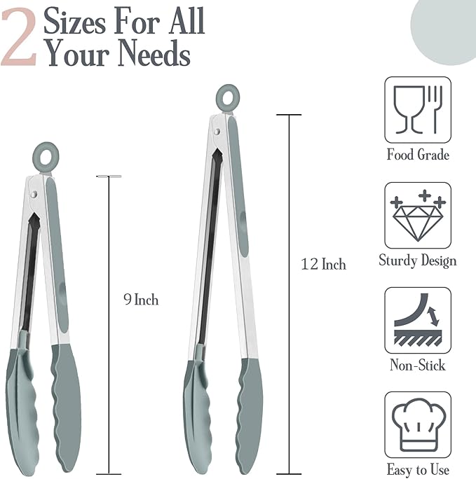 TeamFar Kitchen Tongs, 9" and 12" Stainless Steel Cooking Tongs with Silicone Tips for Cooking Grilling Serving & BBQ, Heat Resistant Silicone Tongs, Locking Design & Dishwasher Safe, Set of 2 & Grey - Image 2