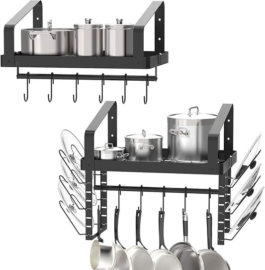 X-cosrack Pot Racks Wall Mounted Set of 2,with Towel Bar and Pots Pans Lids Organizer, Kitchen Cookware Hanging Shelves with 12 Hooks, Black by X-cosrack