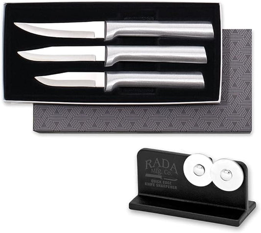 Rada Cutlery Paring Knife Galore Gift Set (S01) with Quick Edge Sharpener (R119), 3-Piece Knife Set and Knife Sharpener, Stainless Steel Blades, Silver Handle