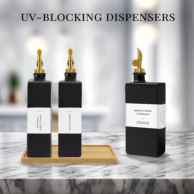 Olive Oil Dispenser Bottle for Kitchen with Bamboo Tray- Glass Oil and Vinegar Dispenser Set 16.9oz, Soy Sauce & Syrup Bottle, Modern Hostess Gift (Black, 16.9oz, Set of 3) - Image 2