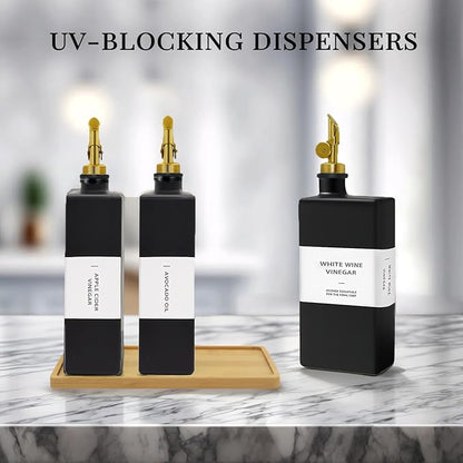 Olive Oil Dispenser Bottle for Kitchen with Bamboo Tray- Glass Oil and Vinegar Dispenser Set 16.9oz, Soy Sauce & Syrup Bottle, Modern Hostess Gift (Black, 16.9oz, Set of 3) - Image 2