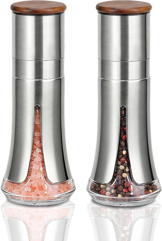 Aelga Salt and Pepper Grinder Set Manual - 4oz Stainless Steel Pepper Mill with 5-Level Adjustable Coarseness, Refillable Glass Salt Grinder with Wood Lid, Silicone Funnel, Modern Kitchen Gift Set by Aelga
