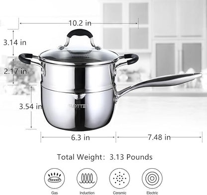 SLOTTET Tri-Ply Full Body Stainless Steel Sauce Pan with Steamer,1.5 Quart Small Multipurpose Pasta Pot with Strainer Glass Lid, Saucepan with Pour Spout for Cooking Stay-cool Handle.