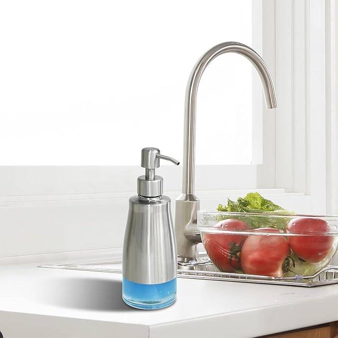 AUMIO Soap Dispenser with Non-Slip Silicone Pad, 2 Pack Kitchen Dish Refillable Liquid Dispensers, Hand Soap Dispenser for Bathroom, Stainless Steel Case Glass Liner Hand Pump Dispenser Silver & Black - Image 6