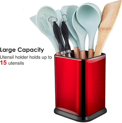 RedCall Stainless Steel Kitchen Utensil Holder for Countertop, Spoon Spatula Organizer,Modern Rectangular Large Cooking Utensil Caddy Counter,Utensil Crock (Stainless Steel Red) - Image 2