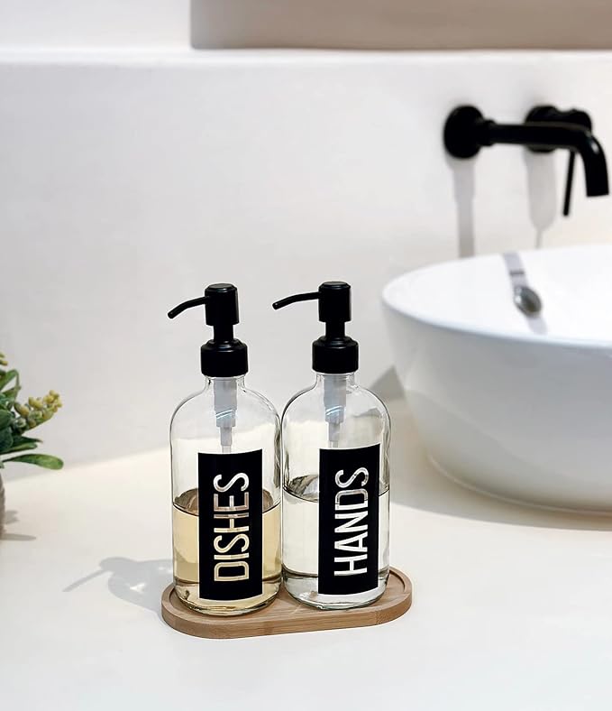 JASAI 2Pack 18OZ Glass Soap Dispenser, Black Stainless Steel Pump, Kitchen Dispenser with Classy Label, Refillable for Dishes - Image 5