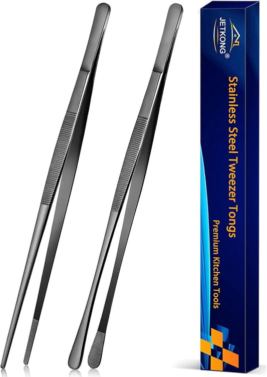 JETKONG 2 Pcs 12-Inch Kitchen Tweezers Tongs with Precision Serrated Tips, Stainless Steel Chef Tweezer Professional Cooking Tweezers for BBQ, Plating and Serving (12-Inch, Black) by JETKONG
