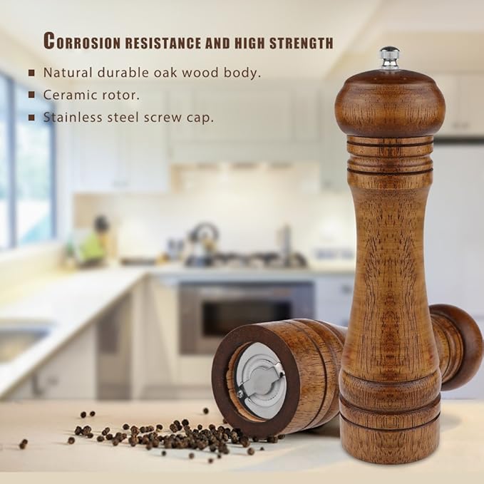 2PCS Salt and Pepper Grinder, Solid Wood Sea Salt and Pepper Shakers, Pepper Mill & Salt Mill With Adjustable Coarseness, Premium Spice Grinder Easy To Use 8 INCH, Ideal Gift for Parents & Friends
