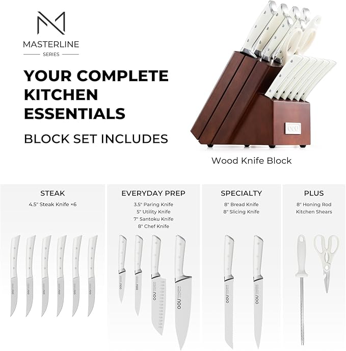 OOU 2026 Master Line 15-Piece German High Carbon Steel Knife Set - Professional Sharp Chef Knife with FSC Wooden Block - Ergonomic Handle Kitchen Knife Set with Steak Knives & Sharpener-Walnut