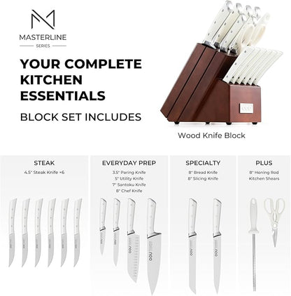 OOU 2026 Master Line 15-Piece German High Carbon Steel Knife Set - Professional Sharp Chef Knife with FSC Wooden Block - Ergonomic Handle Kitchen Knife Set with Steak Knives & Sharpener-Walnut