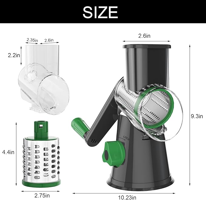 Cambom Rotary Cheese Grater Hand Crank Cheese Shredder for Fresh Cheese, Vegetable, Nuts,Non-slip Suction Base, Free Cleaning Brush Three Blades, Grey and Green - Image 8