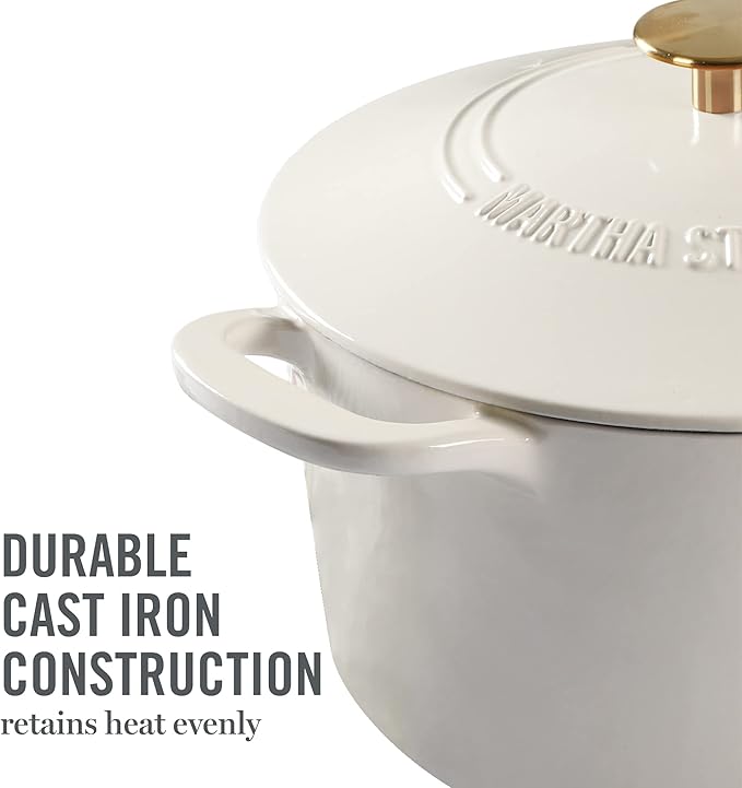 MARTHA STEWART Gatwick 7-Quart Enamel Cast Iron Dutch Oven – Linen White With Gold – Heavy-Duty Dutch Oven for Slow Cooking, Braising & Baking - Image 7
