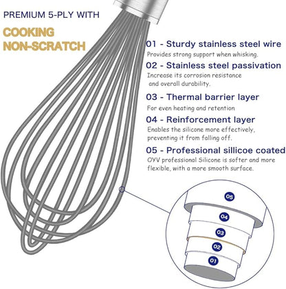 OYV Grey Silicone Whisk, Professional Whisks For Cooking Non-Scratch, Stainless Steel & Silicone Wisk, Plastic Rubber Whisk Tool For Nonstick Cookware Pans, Silicon Wisks Set of 3 - Image 3
