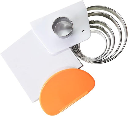 8pc Round & Circle Cookie Cutter Set with 2 Scrapers - 6 Stainless Steel Biscuit Cutters (2"-6", 1.18" Deep) - Includes 6" Bench Scraper & Silicone Bowl Scraper - Tools for Pastry, Donuts & Scones
