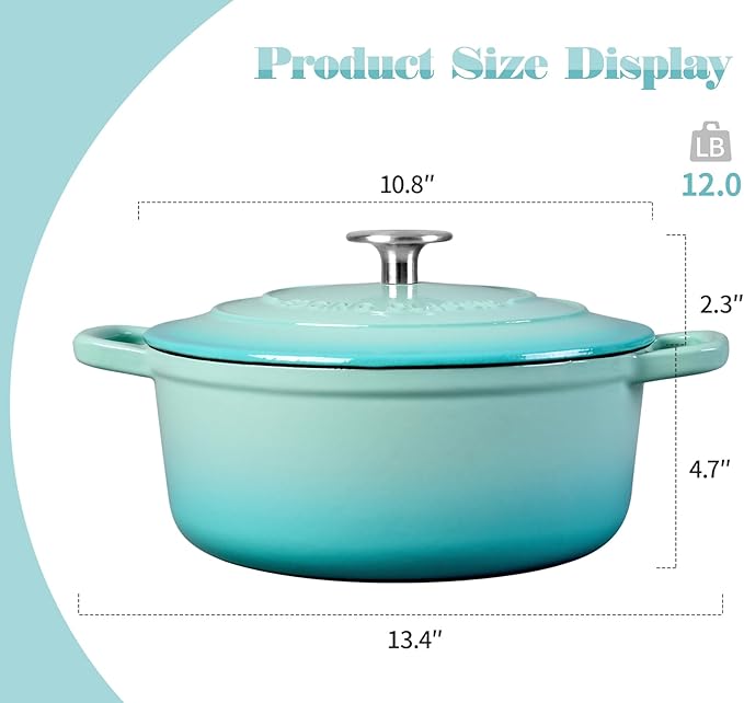 EDGING CASTING Enameled Cast Iron Covered 5.5 Quart Dutch Oven with Dual Handle for Bread Baking, Dutch Ovens with Lid, Peacock Blue - Image 3
