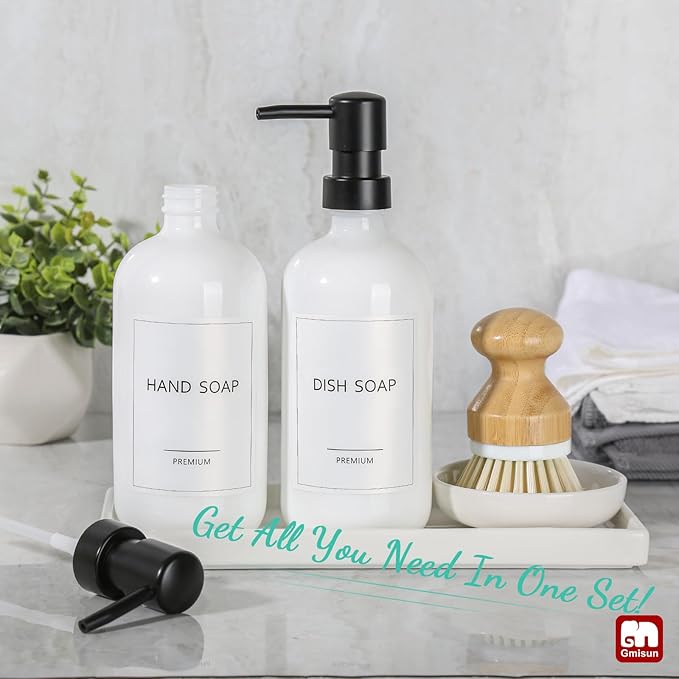 GMISUN Kitchen Soap Dispenser Set, 16 Oz Hand and Dish Soap Dispenser with Ceramic Tray & Bamboo Dish Brush, 2 Pack White Glass Liquid Pump Bottle, Modern Farmhouse Refillable Dish Soap Bottle - Image 2