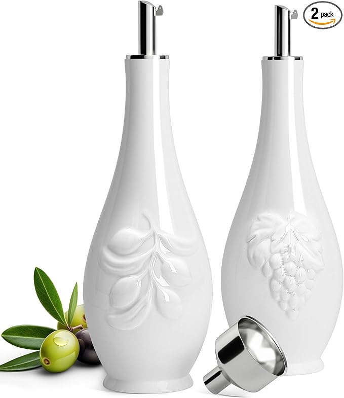 HOMBENE Porcelain Oil and Vinegar Dispenser Set, 11 oz Olive Oil Dispenser Bottle for Kitchen, Ceramic Cooking Oil Container, Oil Cruet w/Funnel, Dripless Spout, 300ml, 2 Pack
