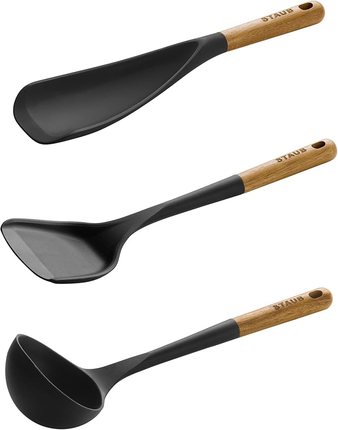 Staub Silicone with Wood Handle Cooking Utensil Set, Matte Black, 3-pc - Image 3