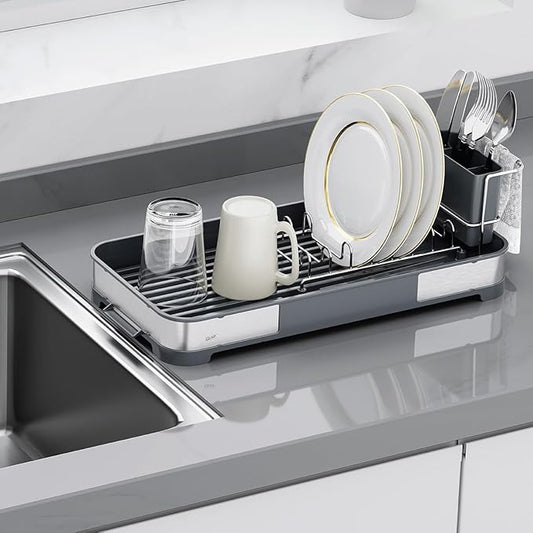 Glad Stainless Steel Dish Drying Rack - Small Space Saving Dish Drainer with Removable Cutlery Holder, Drain Spout, and Towel Bar - Rust-Resistant Metal Rack for Kitchen Countertops, (8”W x 17.5”L)