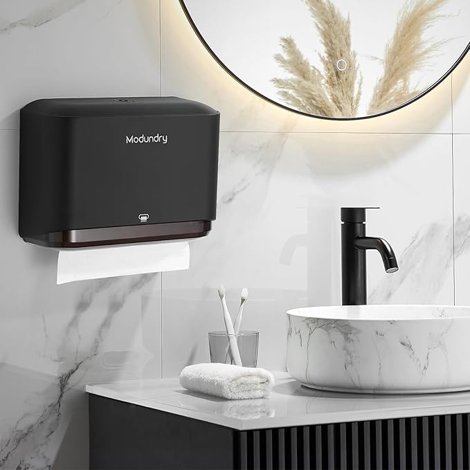 Wall Mount Paper Towel Dispensers, Modundry Multifold Paper Towel Dispenser with Smart Lock, Adhesive No Drilling Install, Hand Towel Holder for Home Bathroom,Restroom, Office (Black)