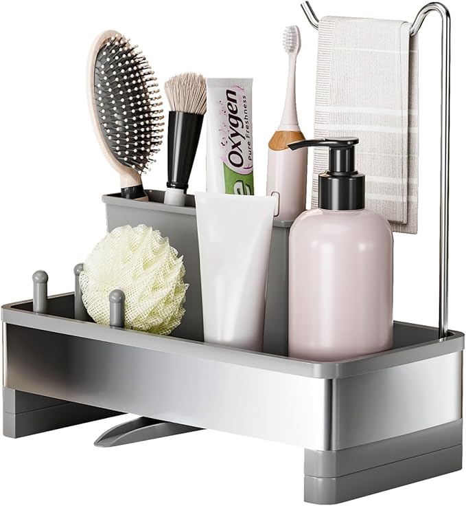 Ewaiira Stainless Steel Sink Caddy, Sponge Holder for Kitchen Sink with Brush Holder & Dishcloth Rack, Rustproof Sink Organizer Countertop, Kitchen Organizers Storage Essentials (F-Gray 9.8″) - Image 8