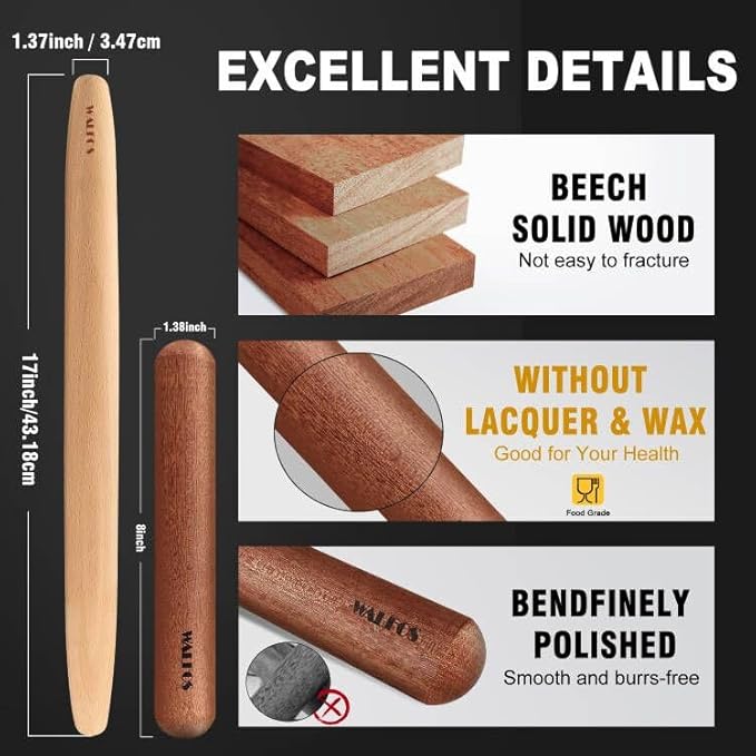 Walfos French Rolling Pin Set - Natural Wooden Rolling Pins (8inch, 15.7inch) With Non-stick Silicone Fiber Pastry Mat, Baking Dough Roller for Pizza, Pie, Pasta, Bread, Pastry - Image 3